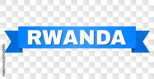 RWANDA text on a ribbon. Designed with white caption and blue tape. Vector banner with RWANDA tag on a transparent background.