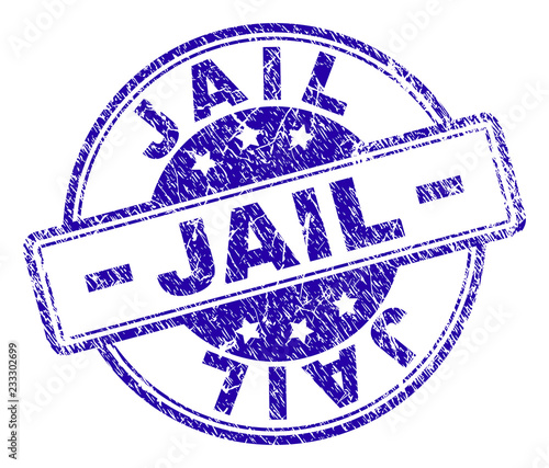 JAIL stamp seal watermark with distress texture. Designed with rounded rectangles and circles. Blue vector rubber print of JAIL title with scratched texture.