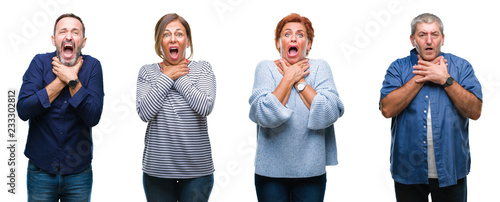 Fotografi Collage of group of elegant middle age and senior people over isolated background shouting and suffocate because painful strangle
