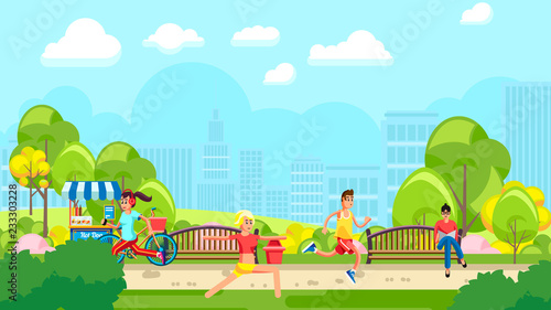 Colorful illustration of people doing sports in green urban park