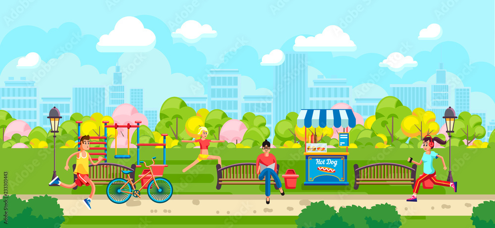 View of colorful cartoon park with people doing sports on urban background View of colorful cartoon park with people doing sports on urban background