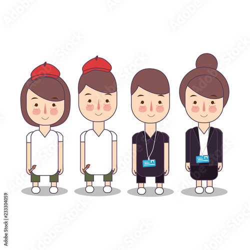 Set of business people or office workers with name tag ID and artist designer painter, man and woman, in various characters and activities professions. Flat illustration