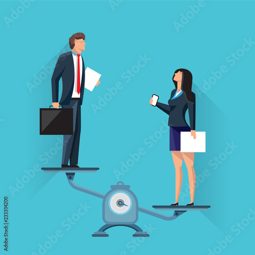 Vector illustration of businessman and businesswoman standing on scales in imbalance on blue background