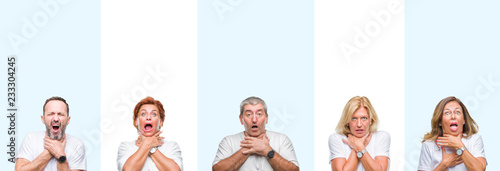 Cuadro en lienzo Collage of group middle age and senior people wearing white t-shirt over isolated background shouting and suffocate because painful strangle