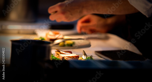 Chef preparing a plate made of meat and vegetables. The chef is adding condiments to the plate