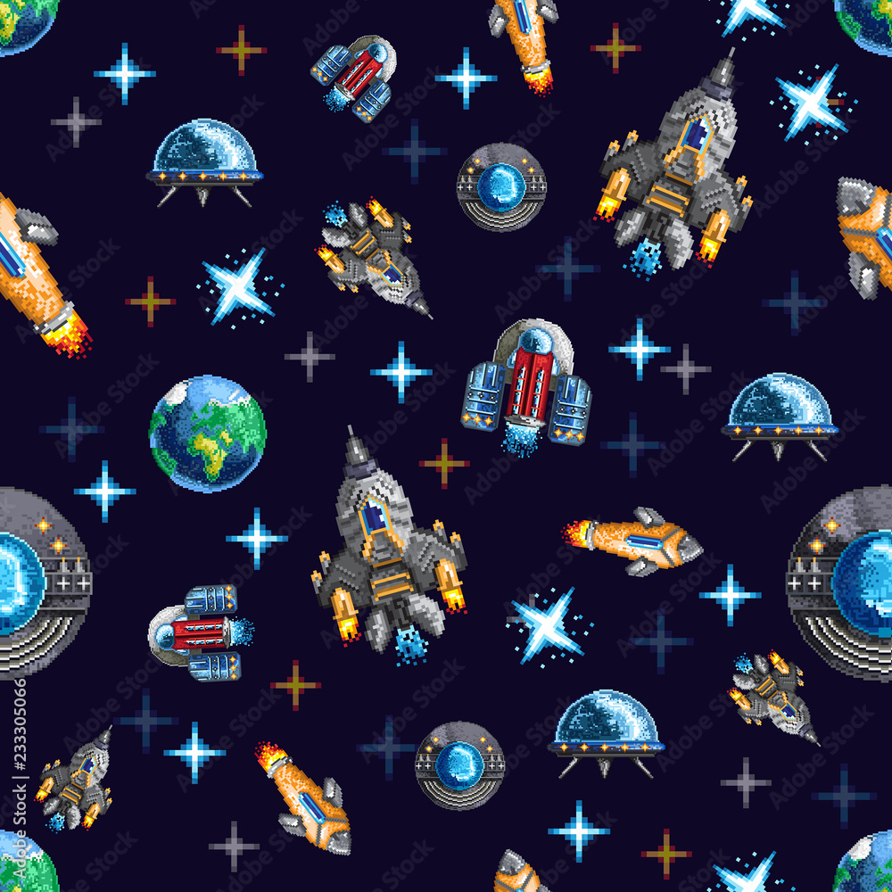 Seamless background with pixel flying space rockets and ship among planets