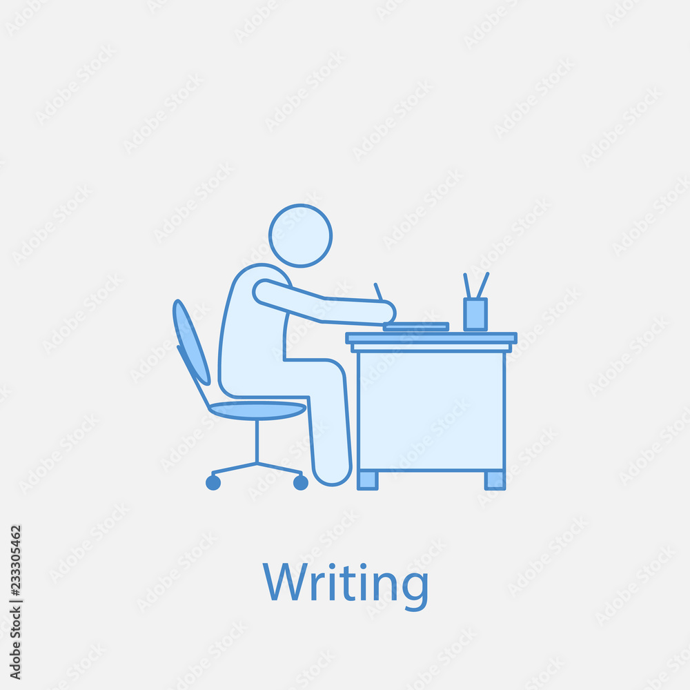 worker is writing 2 colored line icon. Simple colored element illustration. worker is writing outline symbol design from man in the office in fron of computer set