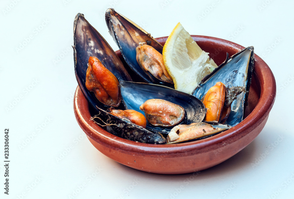 Mussels surrounded by white background Mussels surrounded by white background