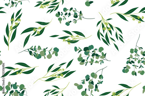 Hand Drawn Eucalyptus Seamless Pattern. Vintage Background with Beautiful Vector Eucalyptus Palm Fern, Green Leaves, Tropical Foliage. Eucalyptus Seamless Pattern for Wedding Design, Textile, Print.