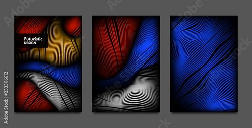 Distortion of Lines. Abstract Backgrounds with Vibrant Gradient and Wavy Stripes. Futuristic Cover Templates Set with Volume and Metallic Effect. Distorted Shapes for Business Presentation, Brochure. © ingara