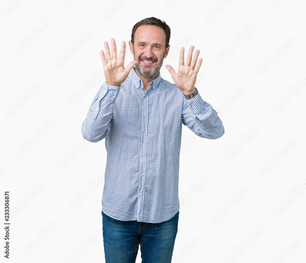 Handsome middle age elegant senior man over isolated background showing and pointing up with fingers number ten while smiling confident and happy. Handsome middle age elegant senior man over isolated background showing and pointing up with fingers number ten while smiling confident and happy.