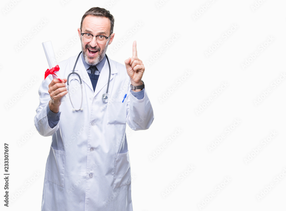 Middle age senior hoary doctor man holding degree certificate over isolated background surprised with an idea or question pointing finger with happy face, number one Middle age senior hoary doctor man holding degree certificate over isolated background surprised with an idea or question pointing finger with happy face, number one