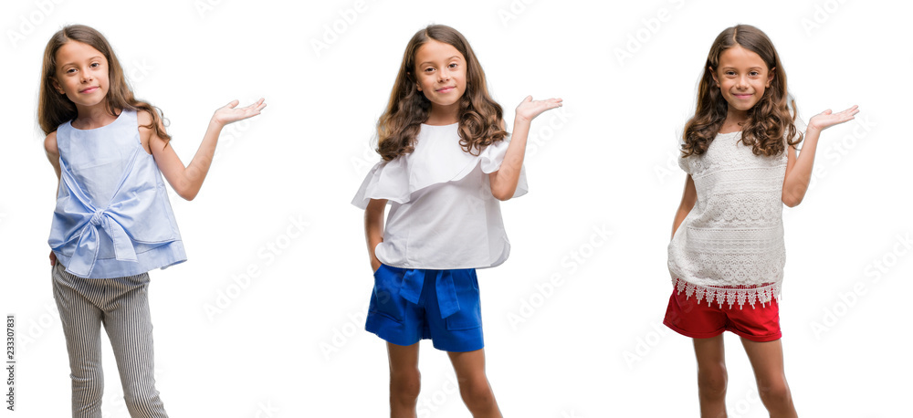 Obraz premium Collage of hispanic young child over isolated background smiling cheerful presenting and pointing with palm of hand looking at the camera.