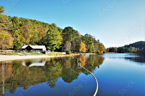 Fantastic view of colorful mountain with reflection in the lake at Vogel State park with blue sky white clouds on the background, Autumn in GA USA. photo