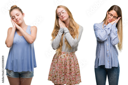 Collage of group of blonde women over isolated background sleeping tired dreaming and posing with hands together while smiling with closed eyes.