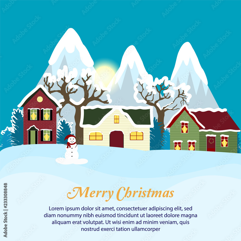 Winter landscape. Christmas trees and houses. Snowman. Merry Christmas and a Happy New Year.