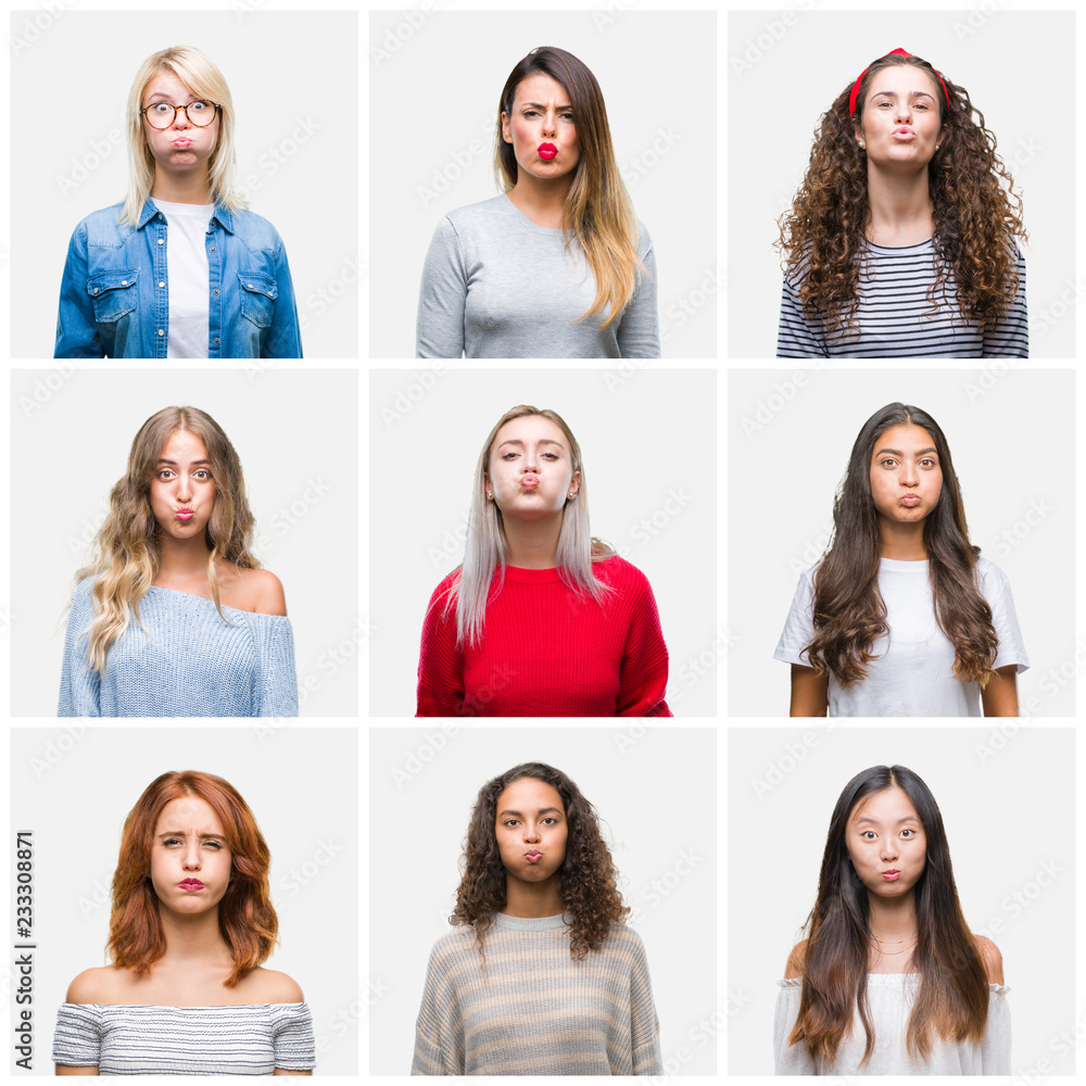 Collage of young beautiful women over isolated background puffing cheeks with funny face. Mouth inflated with air, crazy expression. Collage of young beautiful women over isolated background puffing cheeks with funny face. Mouth inflated with air, crazy expression.