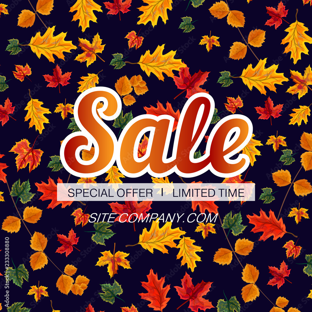 Vector design of bright poster with promotion of seasonal sale on background with repeat pattern of autumnal leaves Vector design of bright poster with promotion of seasonal sale on background with repeat pattern of autumnal leaves