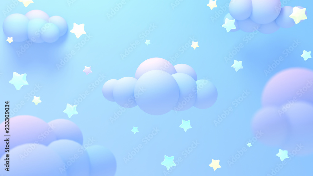 Cartoon pastel purple clouds and yellow stars at night. 3d rendering picture.