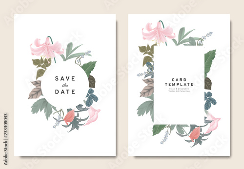 Fototapeta Naklejka Na Ścianę i Meble -  Floral wedding invitation card template design, bouquets of pink lily, calla lily, lavender, Anthurium and leaves with circle and rectangle frames on white background, vintage style