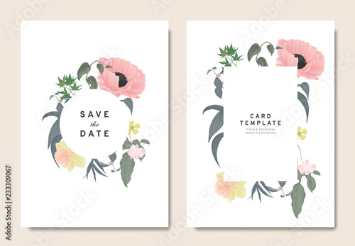 Fototapeta Naklejka Na Ścianę i Meble -  Floral wedding invitation card template design, bouquets of pink poppy, orchid, daffodil and leaves with circle and rectangle frames on white background, vintage style