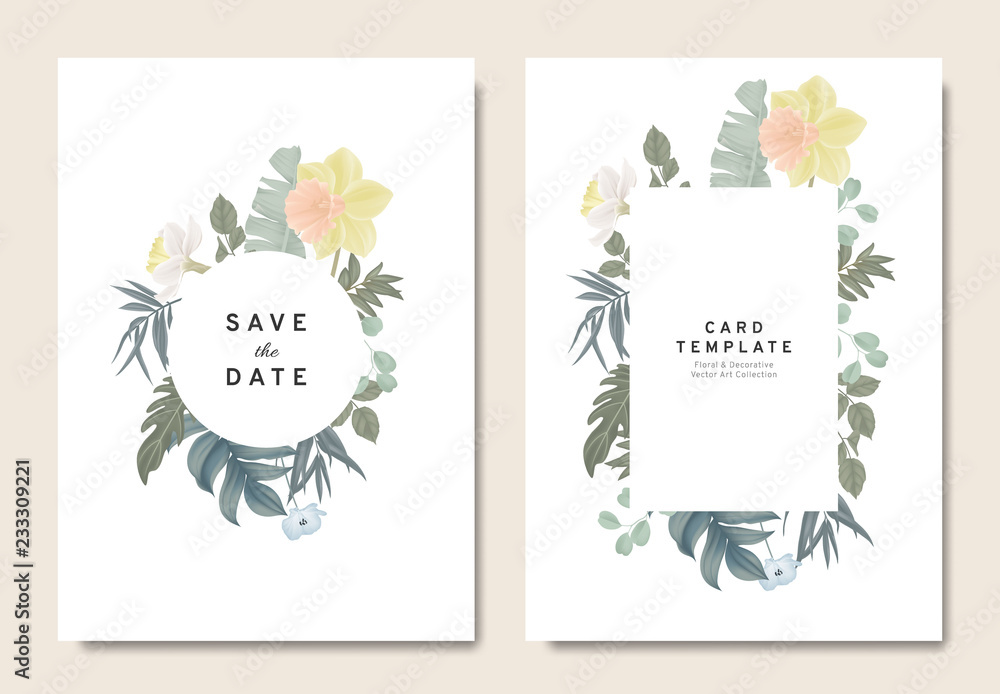Floral wedding invitation card template design, bouquets of daffodil, Nemophila and leaves with circle and rectangle frames on white background, vintage style Floral wedding invitation card template design, bouquets of daffodil, Nemophila and leaves with circle and rectangle frames on white background, vintage style