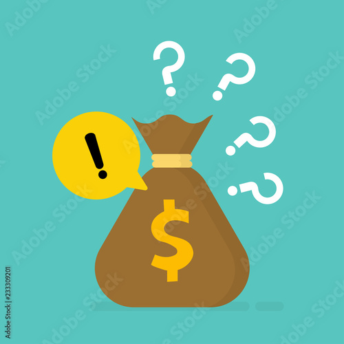 Money bag with yellow danger warning attention sign in a speech bubble and question mark icon vector illustration