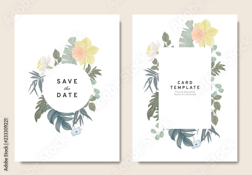 Floral wedding invitation card template design, bouquets of daffodil, Nemophila and leaves with circle and rectangle frames on white background, vintage style