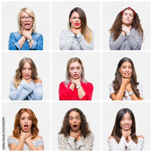 Collage of young beautiful women over isolated background shouting and suffocate because painful strangle. Health problem. Asphyxiate and suicide concept.