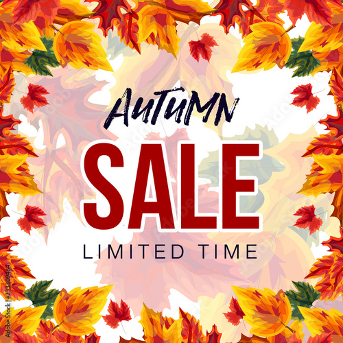 Colorful design of autumn sale promotion with vibrant leaves on white background 