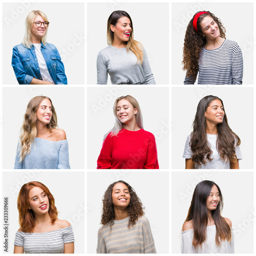 Collage of young beautiful women over isolated background looking away to side with smile on face, natural expression. Laughing confident.