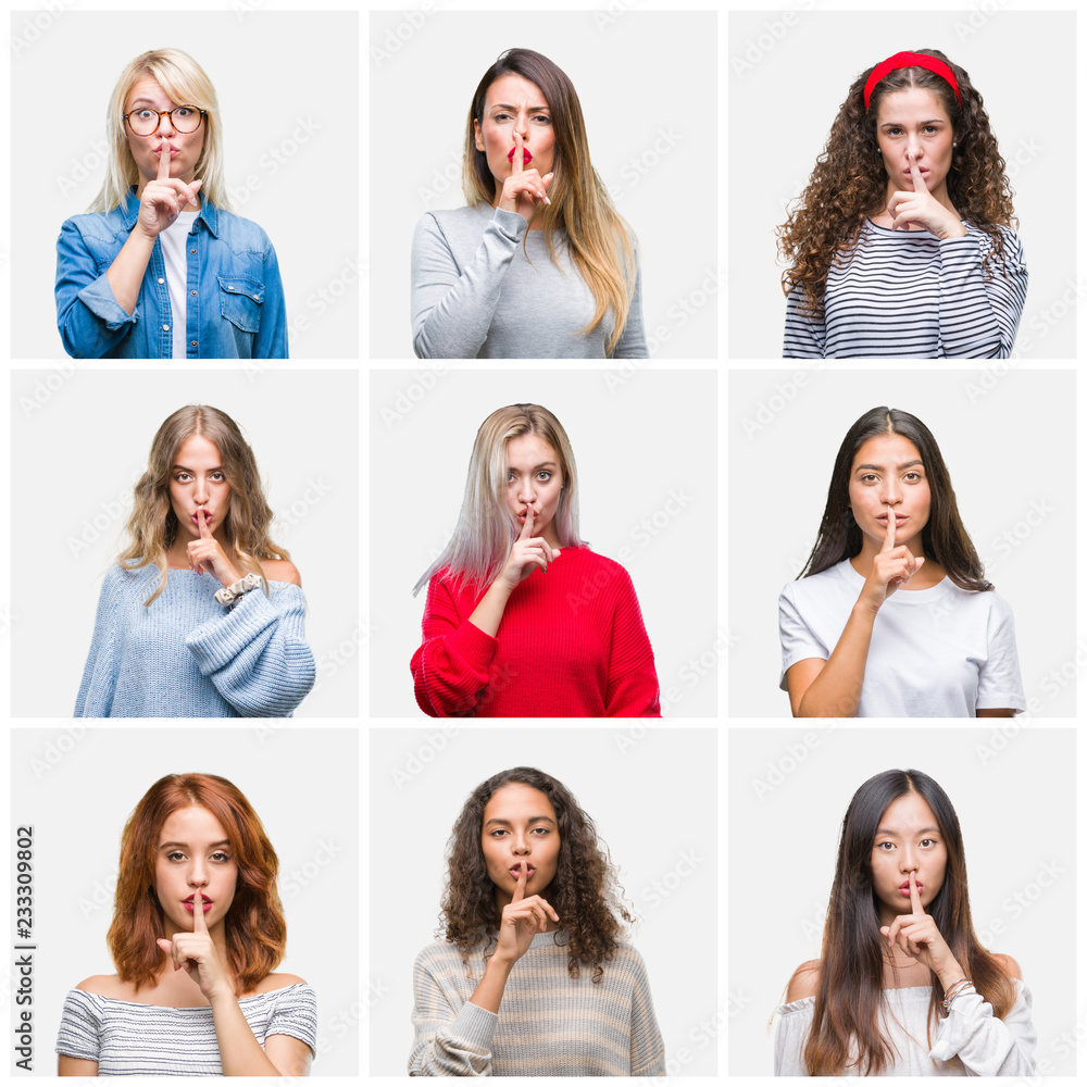 Collage of young beautiful women over isolated background asking to be quiet with finger on lips. Silence and secret concept. Collage of young beautiful women over isolated background asking to be quiet with finger on lips. Silence and secret concept.