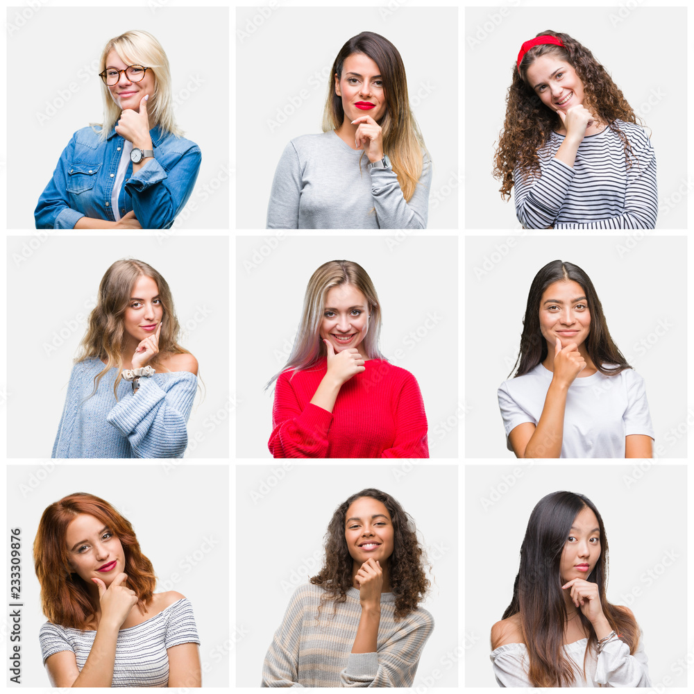 Collage of young beautiful women over isolated background looking confident at the camera with smile with crossed arms and hand raised on chin. Thinking positive. Collage of young beautiful women over isolated background looking confident at the camera with smile with crossed arms and hand raised on chin. Thinking positive.