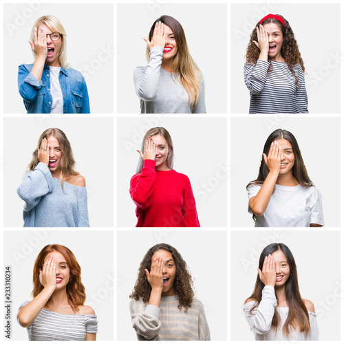 Collage of young beautiful women over isolated background covering one eye with hand with confident smile on face and surprise emotion.