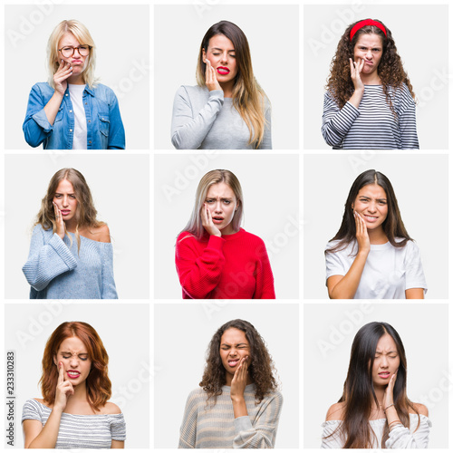 Collage of young beautiful women over isolated background touching mouth with hand with painful expression because of toothache or dental illness on teeth. Dentist concept.