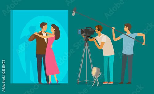Film crew makes a movie. Cinematograph, cinema, filming concept. Cartoon vector illustration