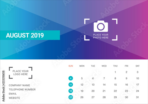 August 2019 desk calendar vector illustration