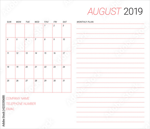 August 2019 desk calendar vector illustration