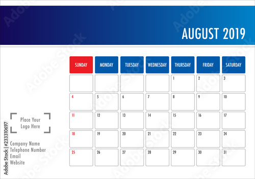 August 2019 desk calendar vector illustration