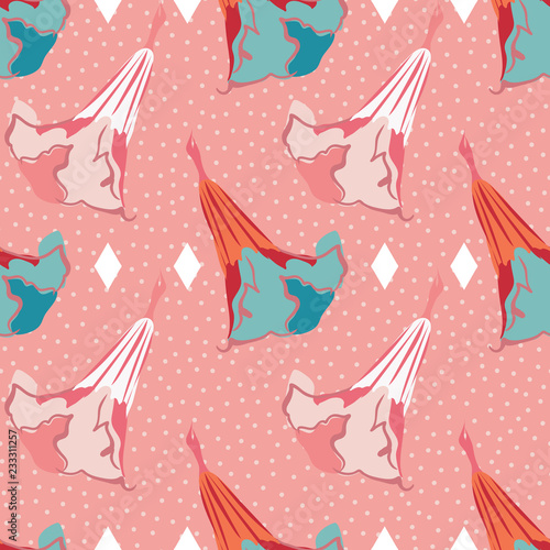 Stylized datura or angel's trumpet flower in white pink, teal, orange and red. Blush pink dotted background with diamond shapes.