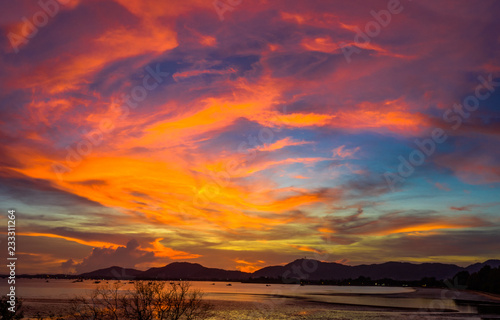 aerial view beautiful sunset in Mudong canal conect to Chalong bay. Klong Mudong canal has perfect mangrove forests..