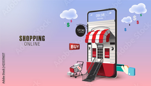 Shopping Online on Website or Mobile Application Vector Concept Marketing and Digital marketing. Horizontal view. VECTOR version2