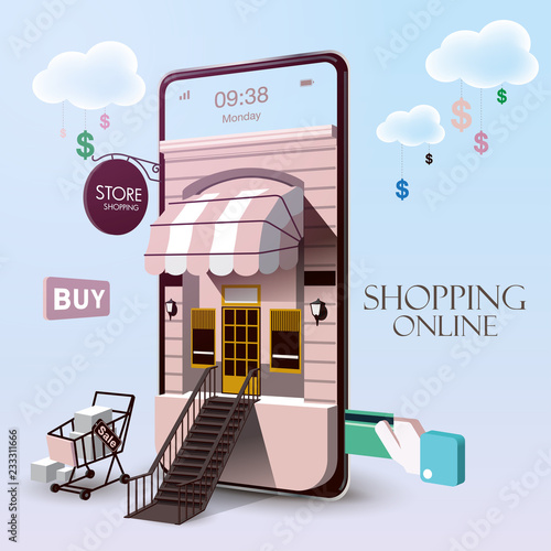 Shopping Online on Website or Mobile Application Vector Concept Marketing and Digital marketing. VECTOR version3