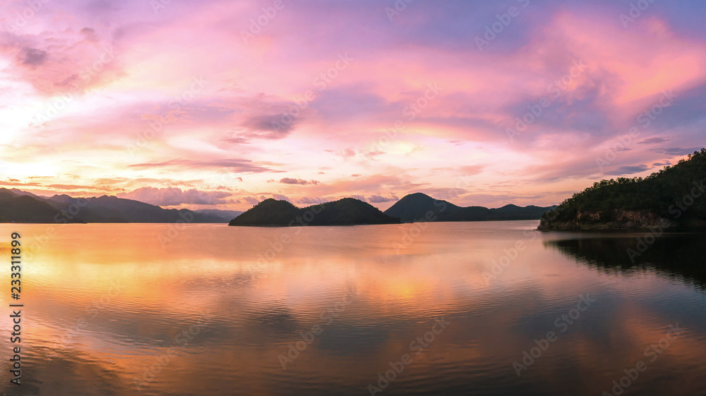 beautiful sunset on the reservoir at Khuean Srinagarindra National Park kanchanaburi povince , landscape Thailand