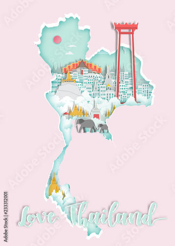 Famous Thailand landmark on map for travel poster,Thailand,bangkok in paper art style.