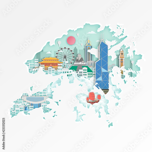 Famous Hongkonglandmark on map for travel poster,Hongkong in paper art style.