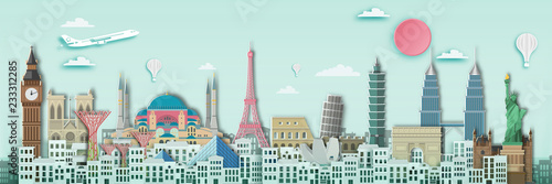 Famous landmark for travel ,England,France,Spain,America,China,Japan,Malasia,singapore,Italy,Hongkong,Turkey,Taiwan,Dubai in paper art style.