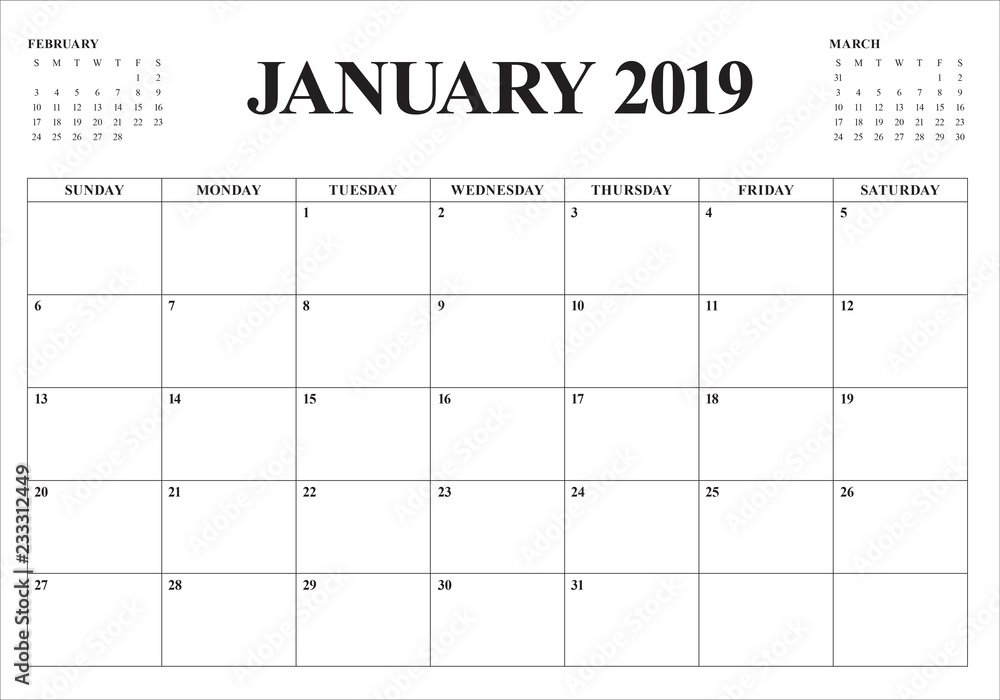 January 2019 Desk Calendar Vector Illustration