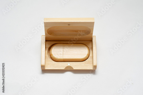 wooden box set and USB drive isolate on white background