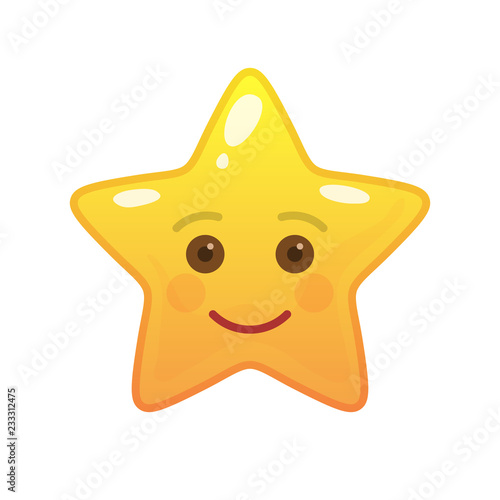 Happy star shaped comic emoticon. Smiling face with facial expression. Joyful emoji symbol for internet chatting. Funny social communication animated character. Mood message isolated vector element